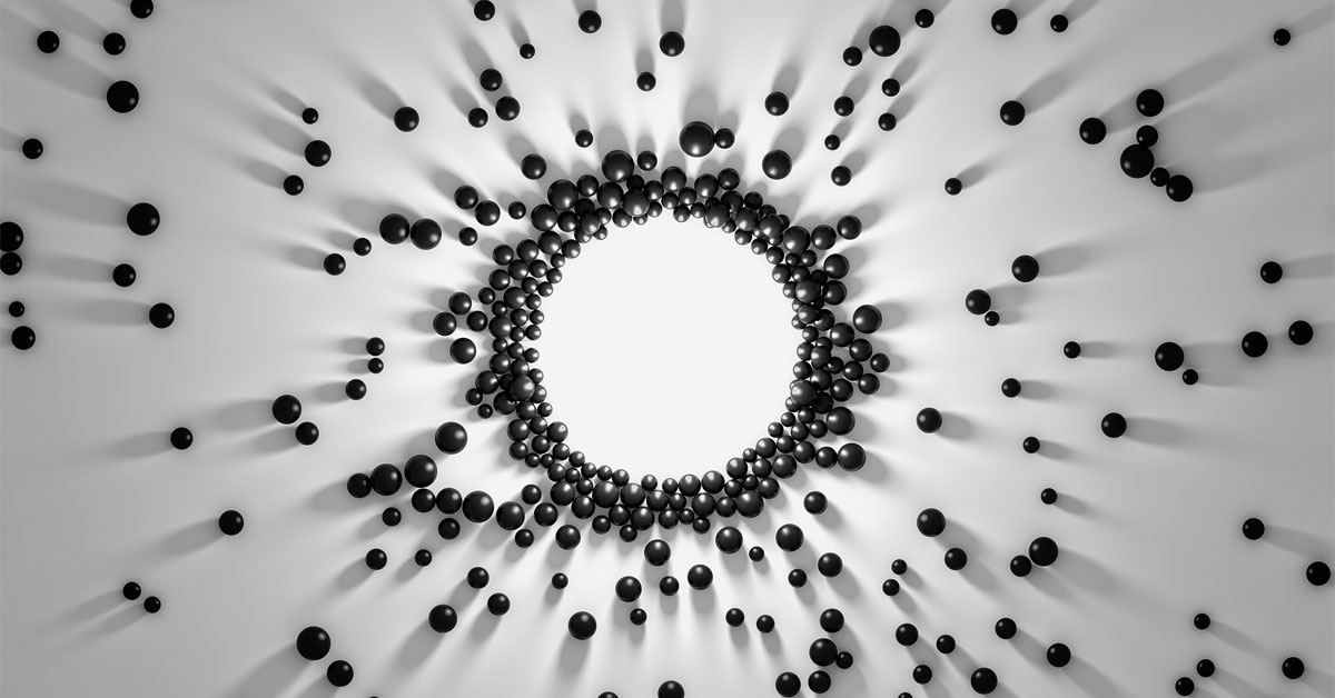 Gathering of black spheres to the center light. Attraction of objects with long shadows.