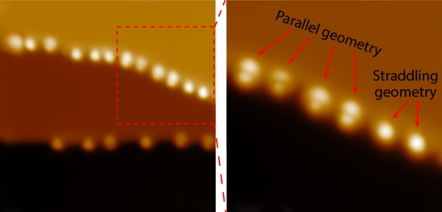 Microscopic image of molecules attached to a metal surface.