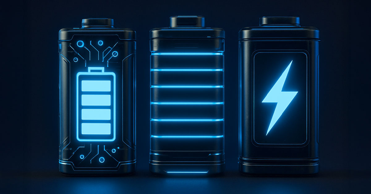 Illustration of three futuristic batteries 