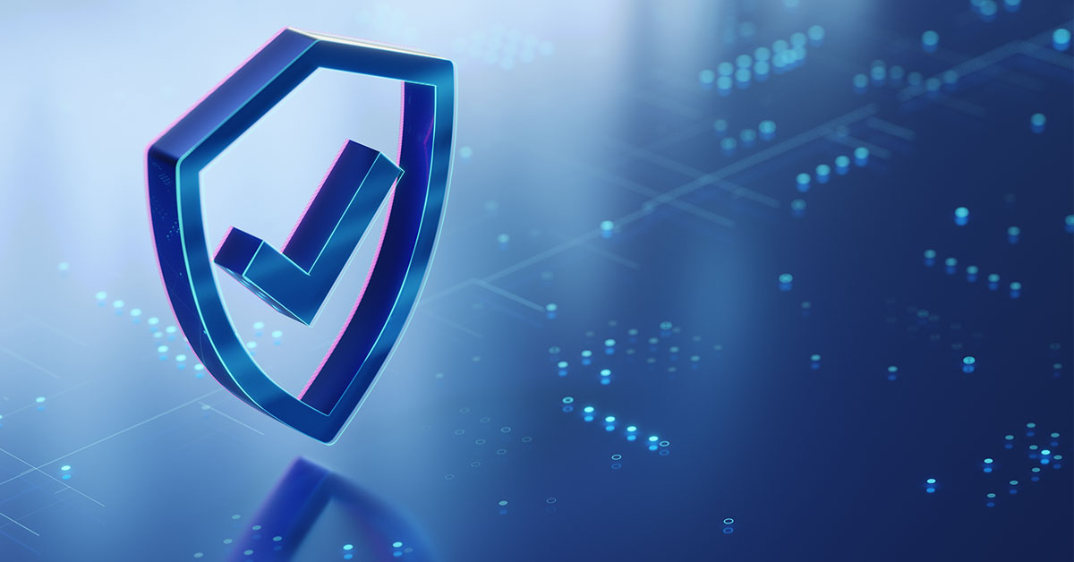 Illustration of a checkmark inside of a shield above electronic circuits