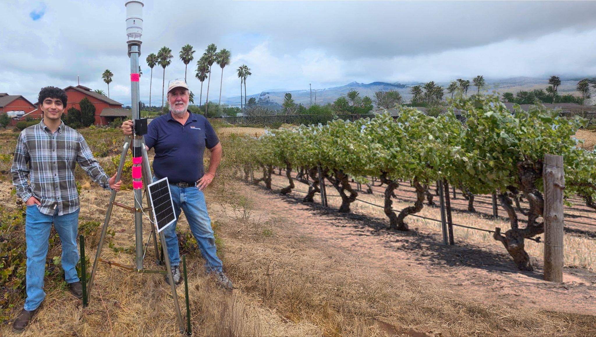 Student Alex Nava and research scientist John Graham meet in the vineyard