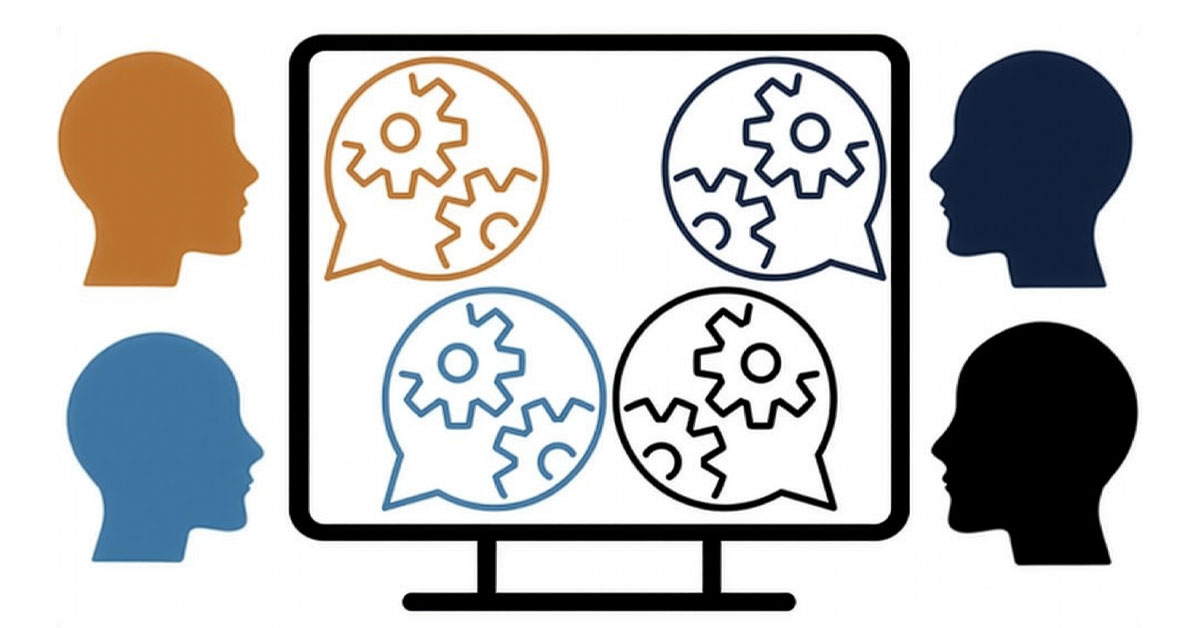 Illustration of four diverse human silhouettes exchanging ideas via speech bubbles with gears on a monitor.