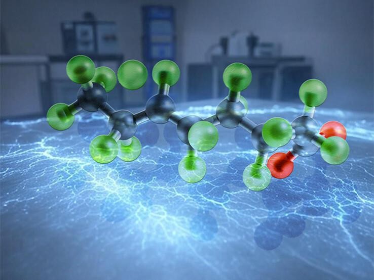 3D render of PFAS molecule on metallic surface with cinematic lightning, dark scientific background, high contrast. 