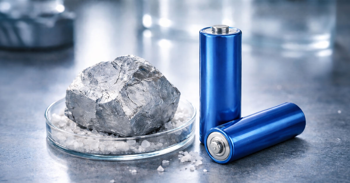 A large piece of raw metallic sodium sitting in a glass petri dish filled with white salt crystals, positioned next to two blue cylindrical batteries on a reflective grey surface