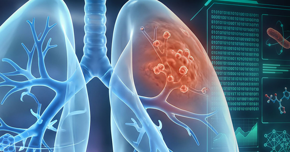 A digital illustration of human lungs with a highlighted orange infection area, overlaid with binary code and medical data icons.