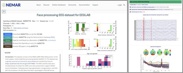A screenshot of the NEMAR portal displaying a "Face processing EEG dataset for EEGLAB" with data visualizations and brain maps.