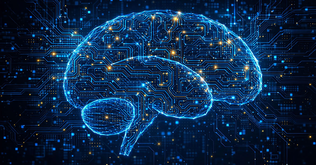A glowing, blue digital outline of a human brain overlays an intricate electronic circuit board background with scattering golden lights.