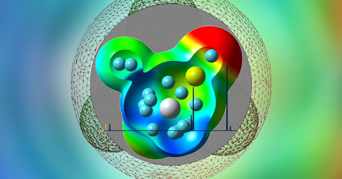 A colorful molecular model with a heat-map gradient enclosed in a wireframe sphere, superimposed on a vibrant blue and green background.