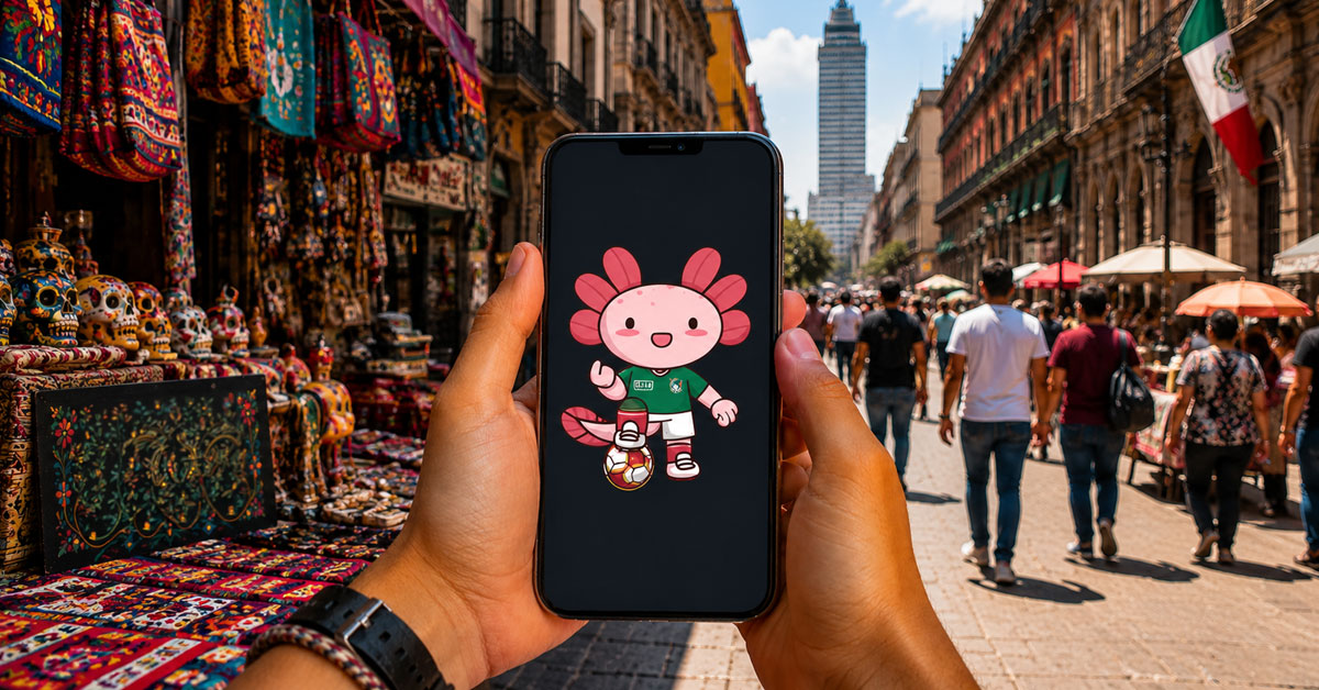 A person holds a smartphone showing a cartoon axolotl, set against a bustling, crowded pedestrian street leading to the Torre Latinoamericana.