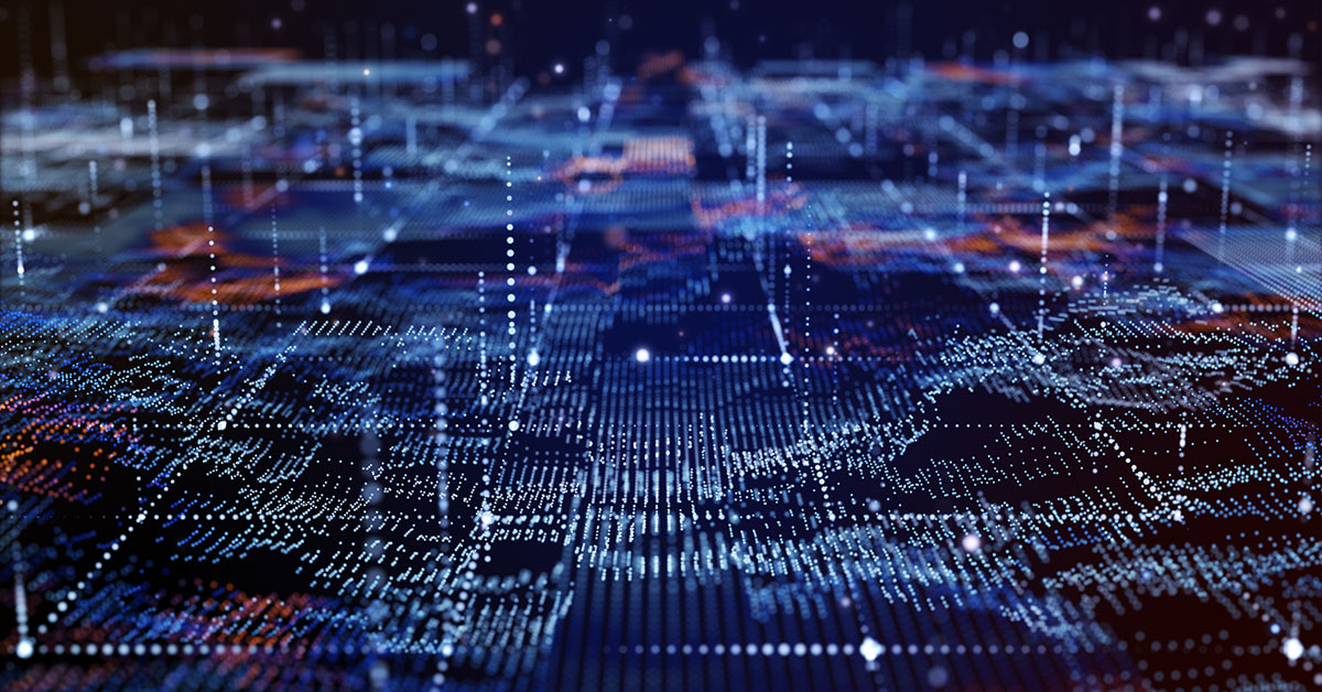 Abstract digital visualization with glowing blue and orange data points forming a 3D grid and vertical light beams on a dark background.
