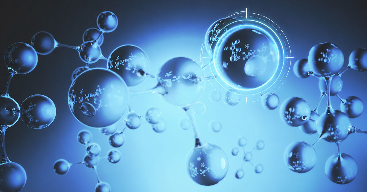 Translucent blue molecular structures and glass-like spheres with glowing target reticles on a dark blue background.