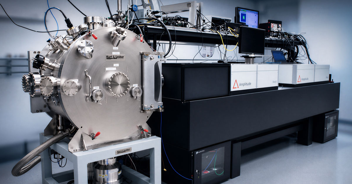 Vacuum chamber connected to high-power Amplitude laser system on a bench in a clean room laboratory environment.