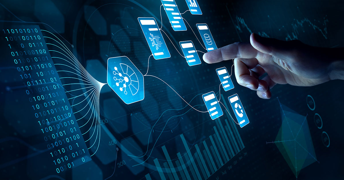 A glowing digital node connects binary data streams on the left to floating UI dashboard widgets and a reaching hand on the right.