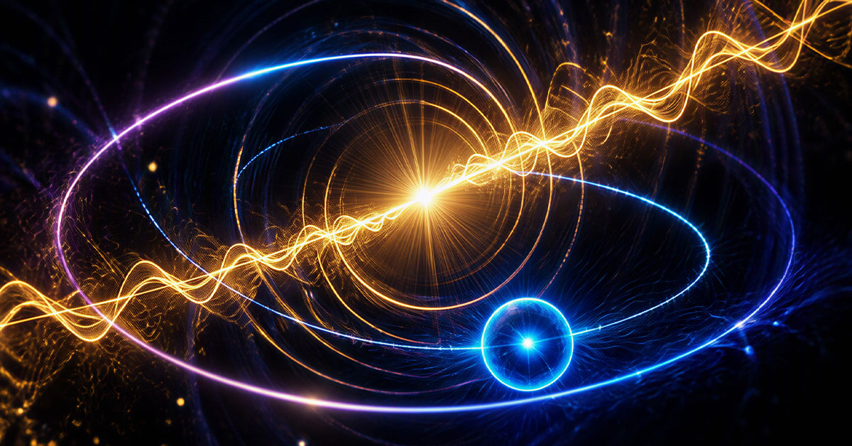 Abstract illustration of subatomic particles featuring a glowing blue electron on an orbital ring crossed by an orange light wave.