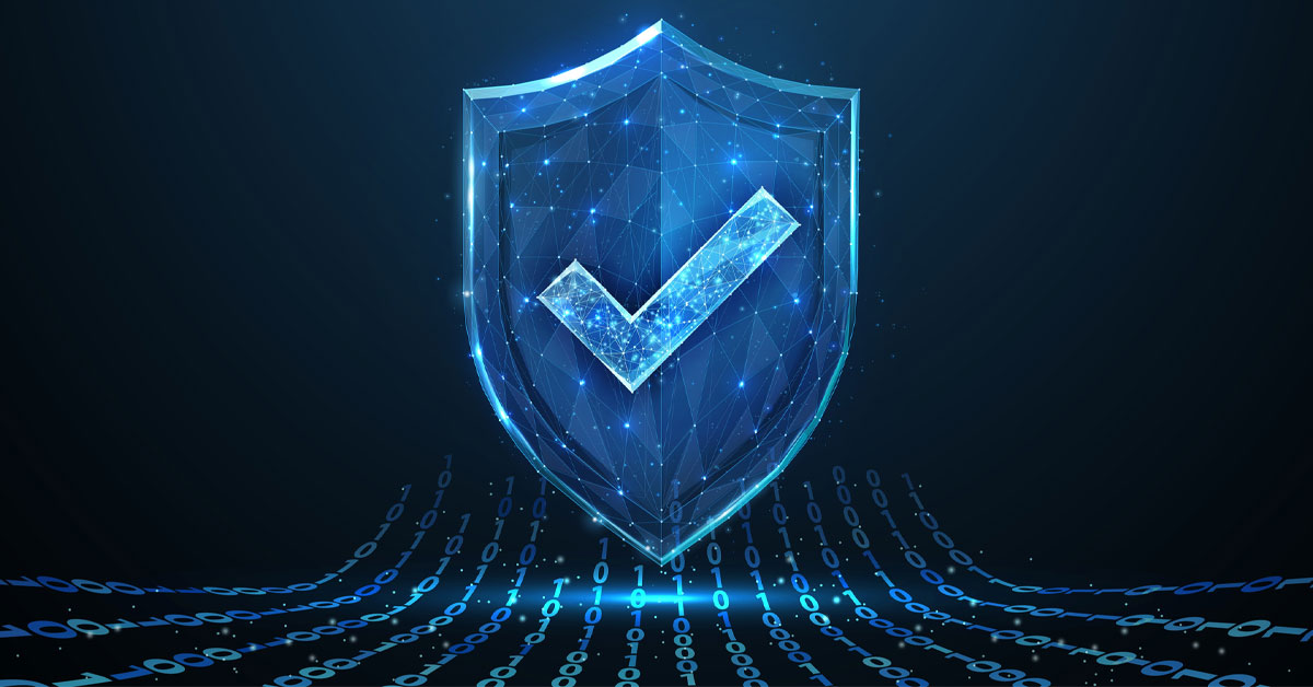 Digital blue shield with a checkmark floating over glowing binary code on a dark background.