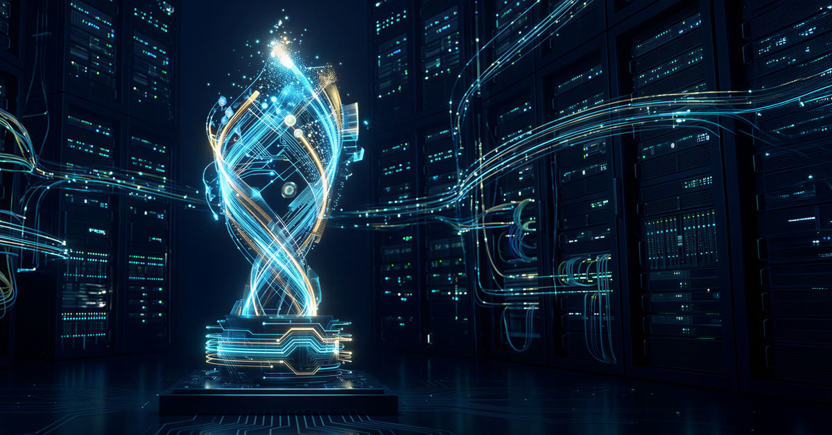 A glowing, abstract digital sculpture of intertwined blue and gold light stands before dark server racks in a high-tech datacenter.