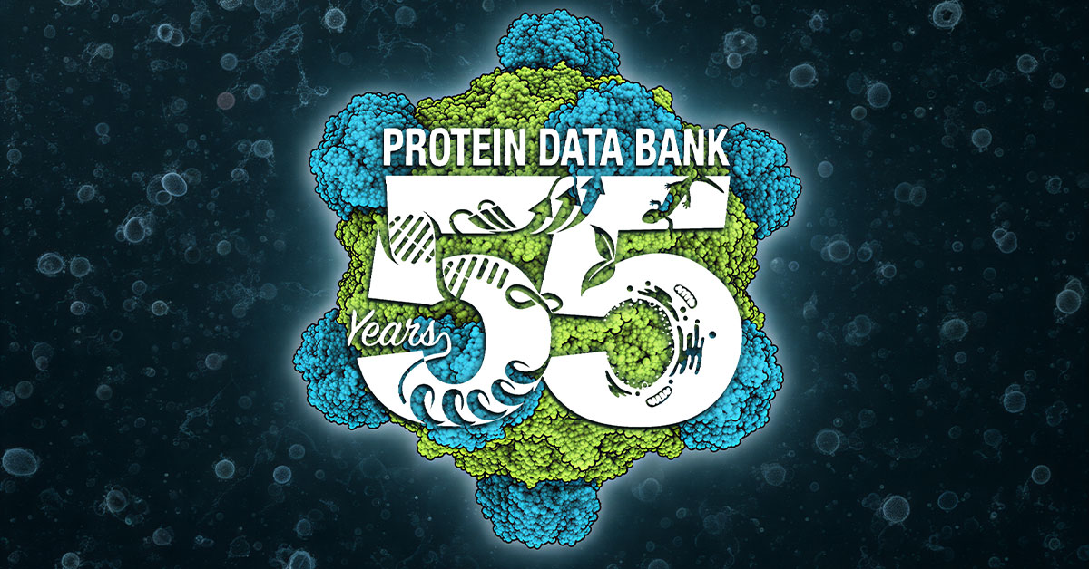 Protein Data Bank 55th anniversary logo featuring a molecular structure in green and blue set against a dark background.