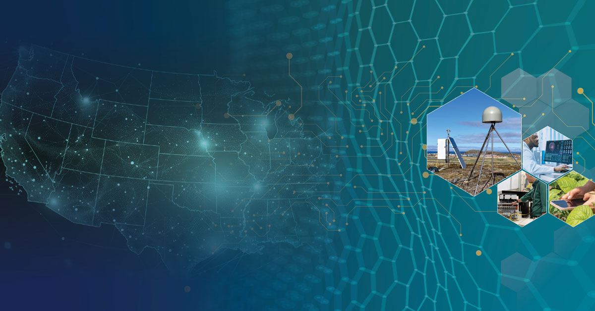 Illustrated map of the US linked by a digital network grid to hexagonal tiles showing field sensors, research labs, and agriculture.